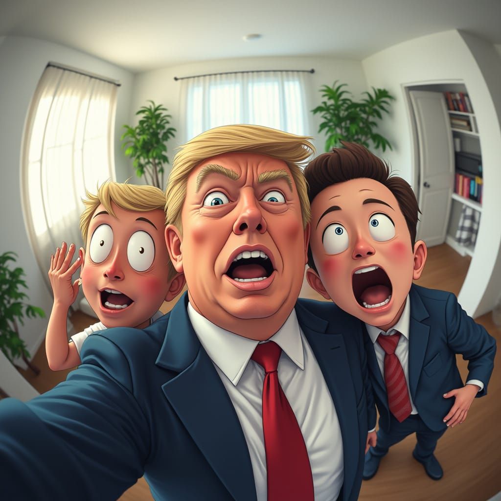 Silly Fisheye Selfie: Trump, Musk, and Shinchan