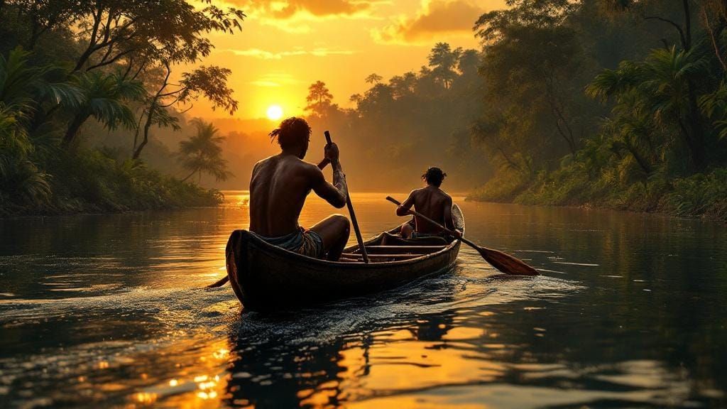 Amazonian Men Canoe at Sunset: Hyperrealistic Cinematic Imag...