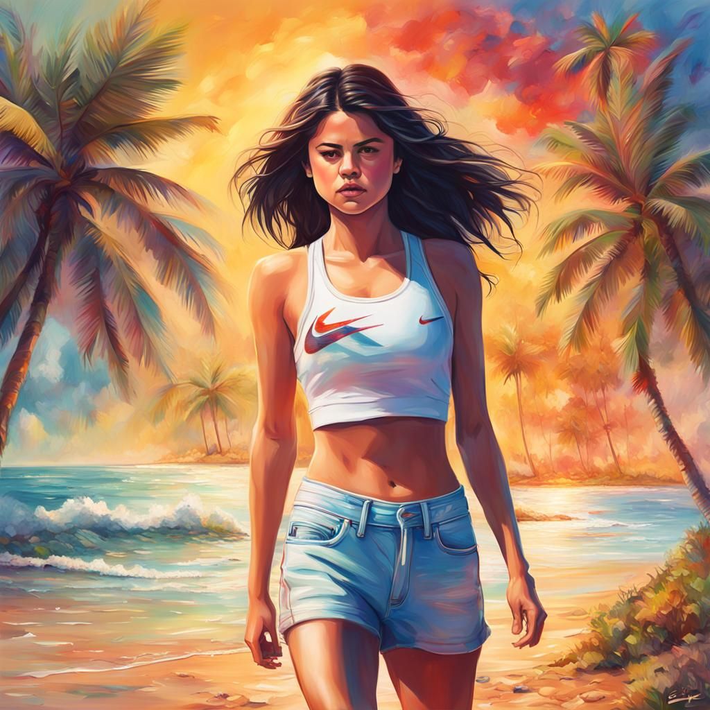 Selena Gomez Walking on Beach in Hyperrealistic Style