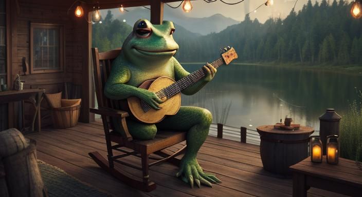Toad Playing Banjo on Cabin Porch in 3D Style