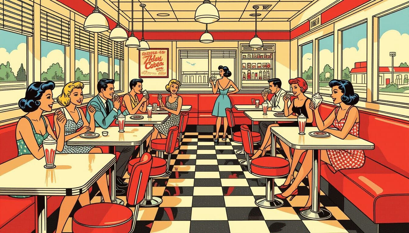 1950s Diner Scene in Vintage Comic Book Style