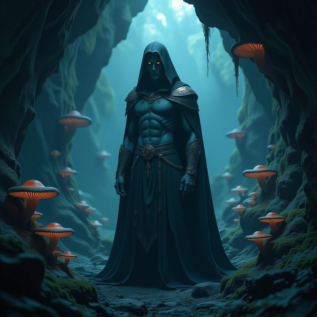 Surreal Dark Figure in Bioluminescent Cavern