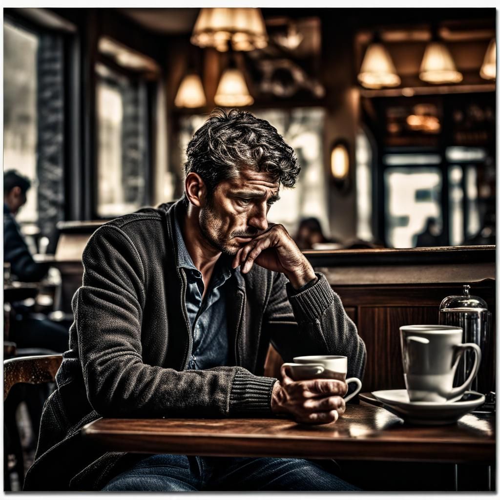 Heartbroken Man in Cafe: Hyperrealistic Cinematic Portrait