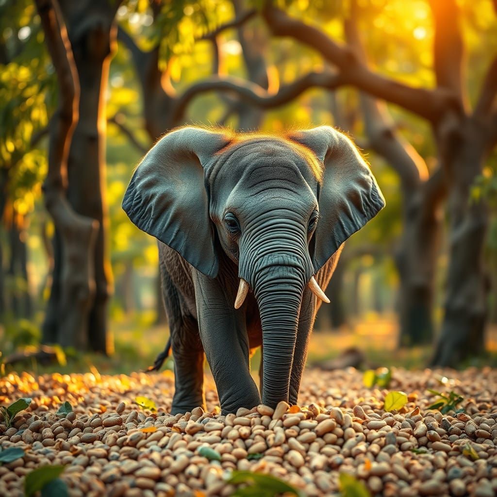 Golden Elephant Surrounded by Peanut Dome in Forest