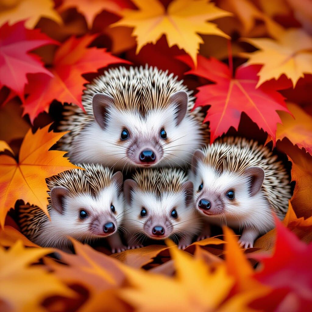 Hedgehog Family Nestles in Autumn Leaves