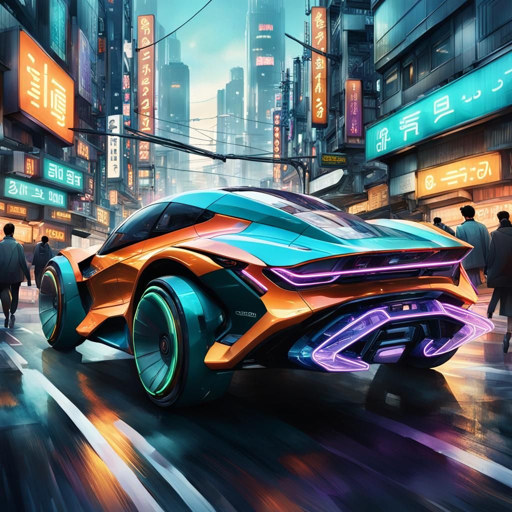 Neon Vehicle Speeds Through Seoul: Sci-Fi Concept Art