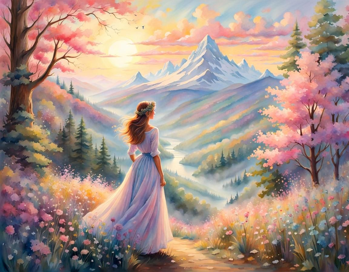 Pastel Watercolor Landscape Superimposed on Woman