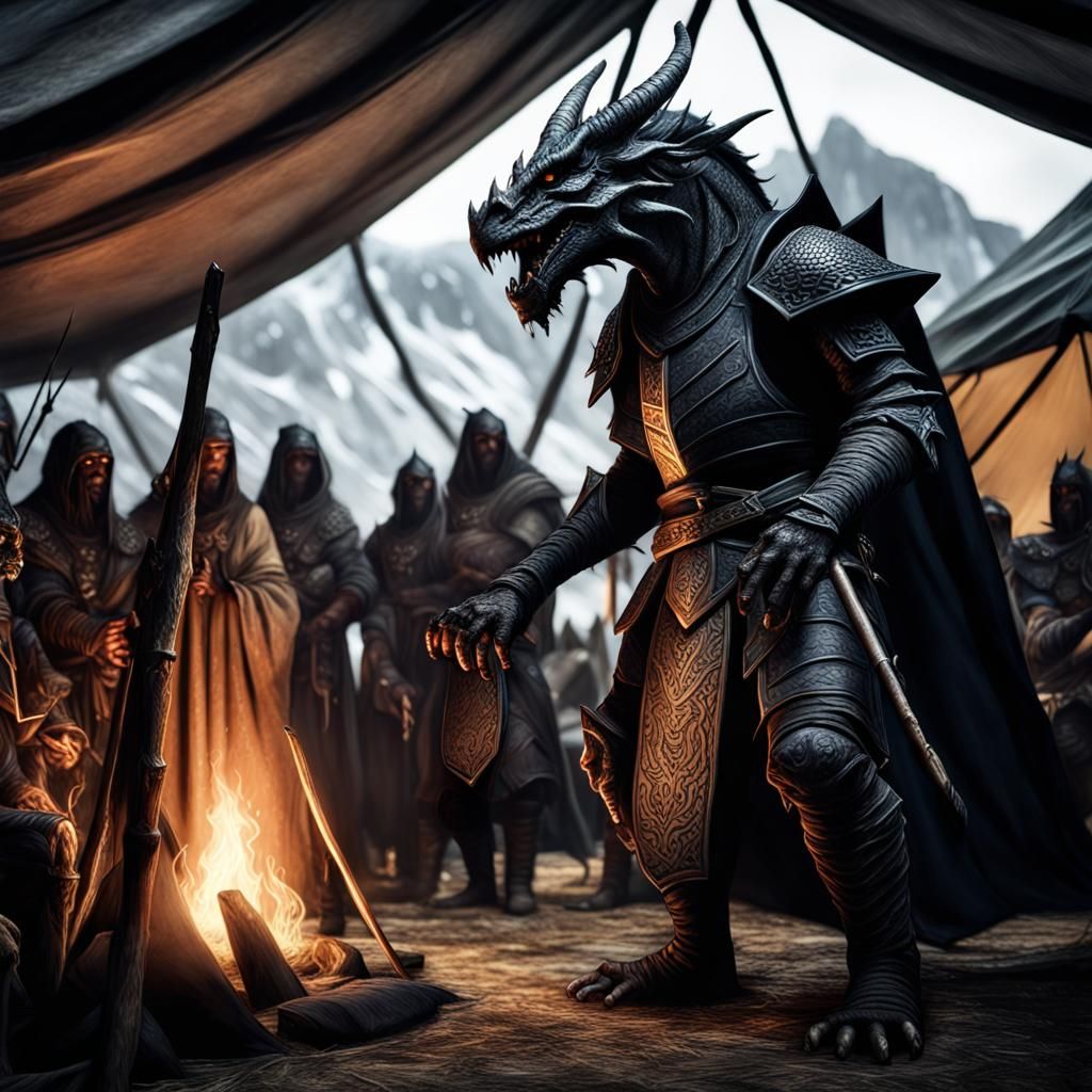 A black dragonborn making a speech to his cult