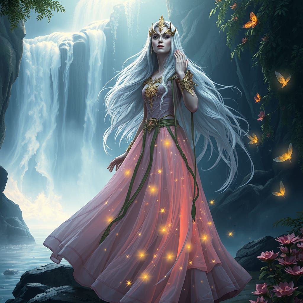 Ethereal Sorceress at Waterfalls Edge in Art Nouveau Style