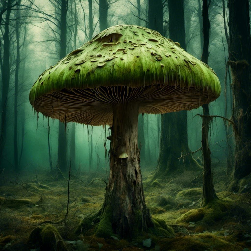 Giant Mushroom House with Elf in Macabre Style