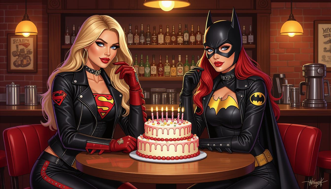 Supergirl and Batgirl as Biker Babes Celebrating a Birthday