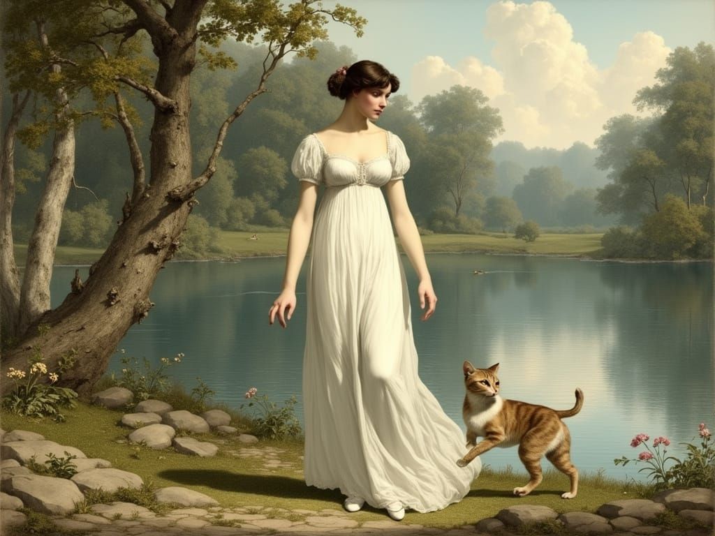 Elegant Lady Strolls by Regency Pond with Feline Companion
