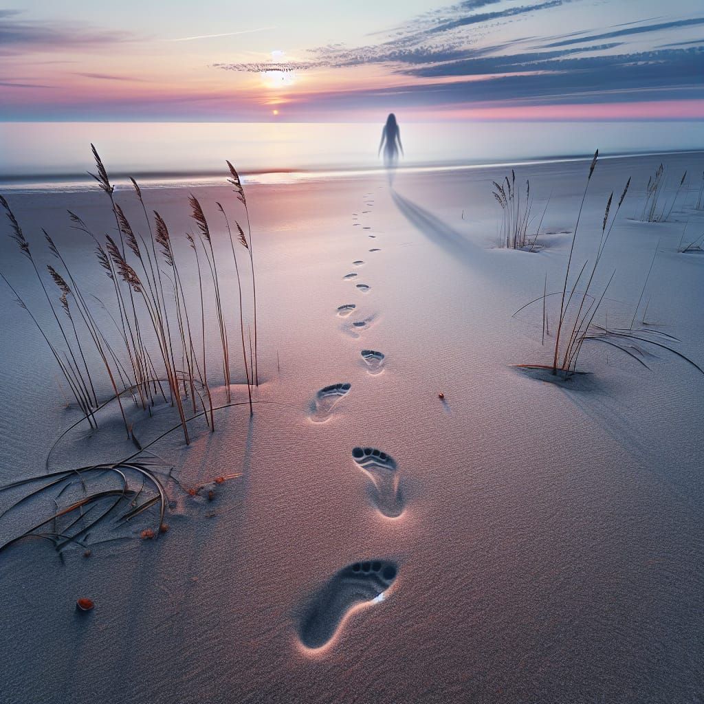 Invisible Woman's Footprints on a Sunset Beach