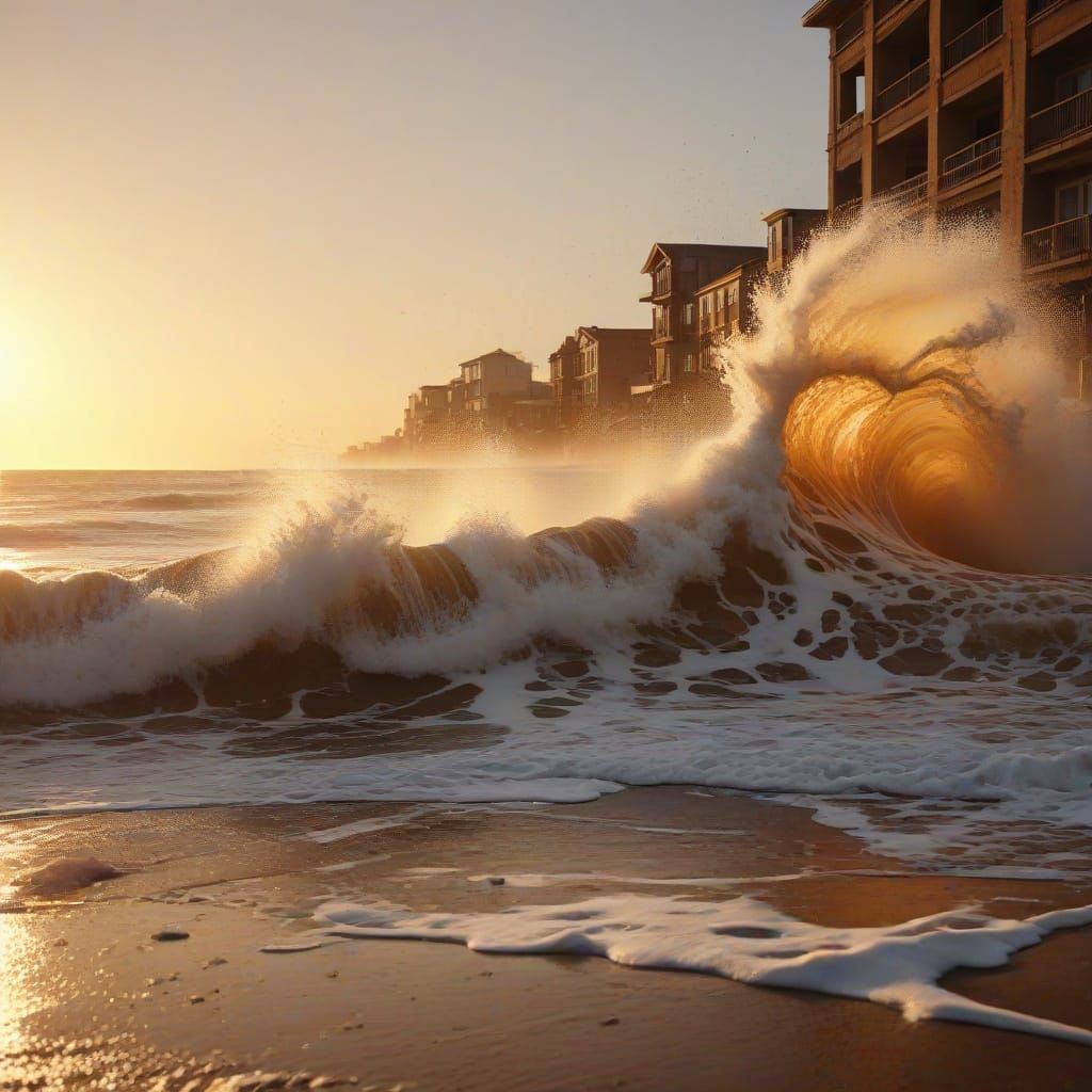 Dramatic Apocalypse: Tidal Wave Crashes on Ruined Beach in C...