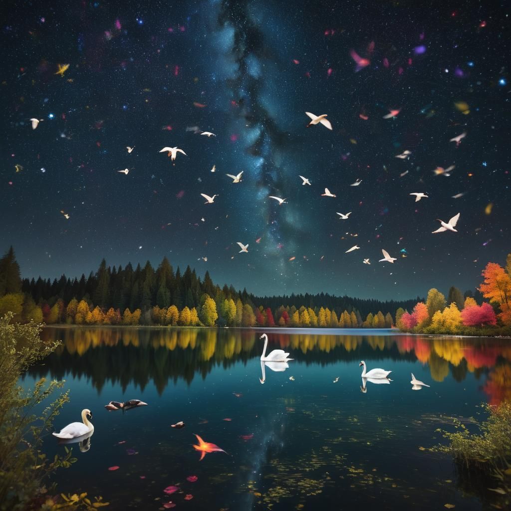 Serene Lake Scene Under Starry Night Sky