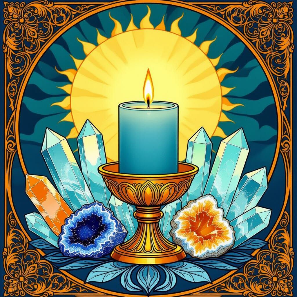 Crystals and Candle Ritual with Lion Shadow, Art Nouveau