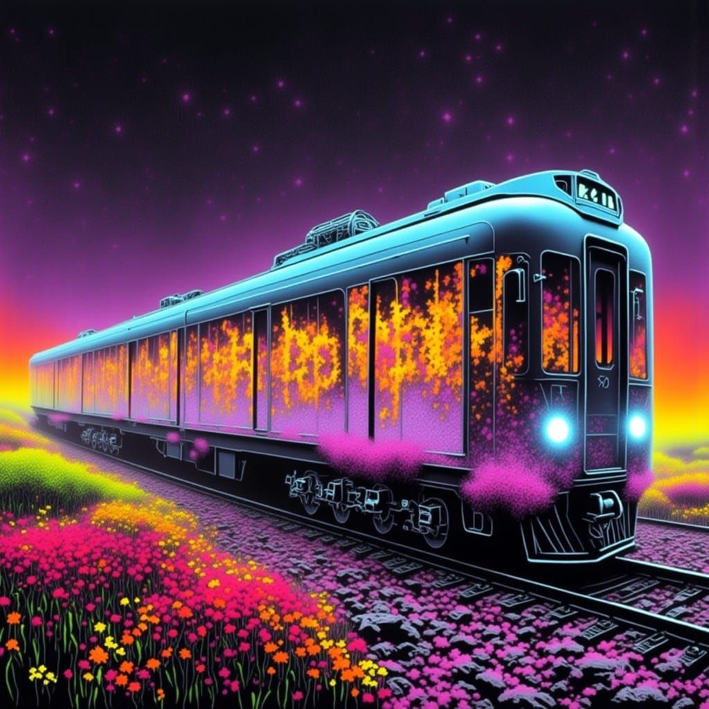 Holographic Train with Iridescent Text in Futuristic Style
