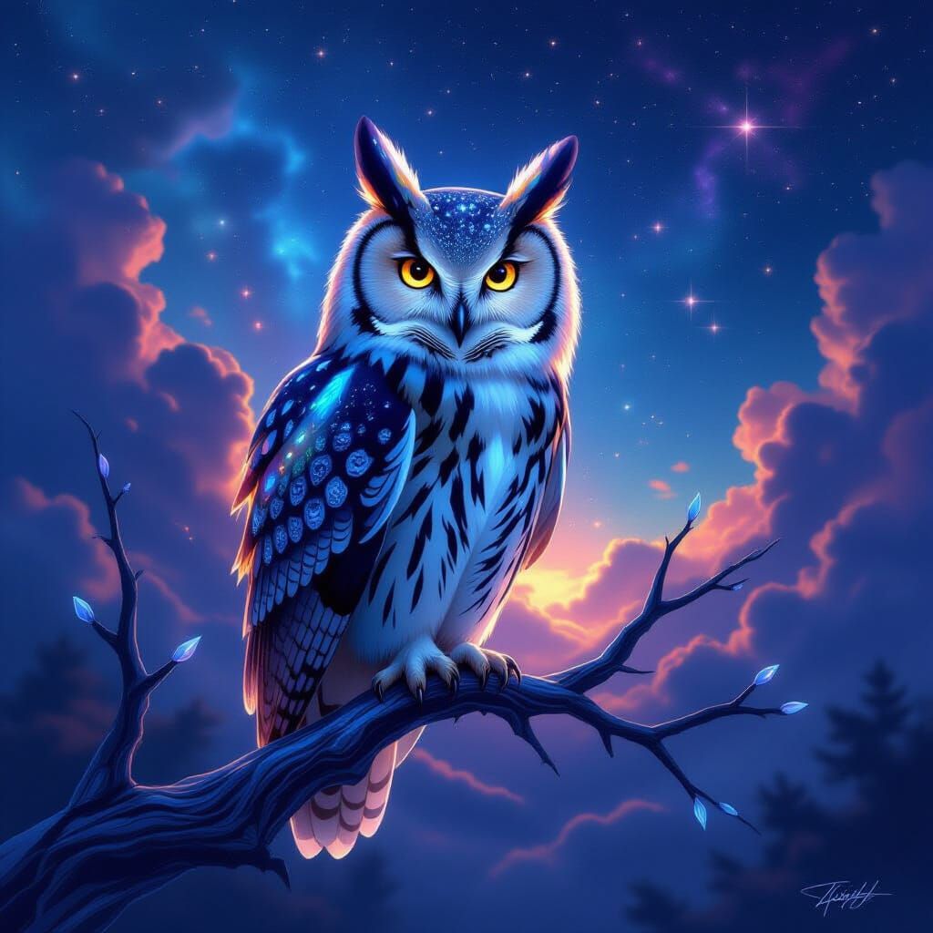 Bioluminescent Owl on Crystal Branch in Nebula Sky