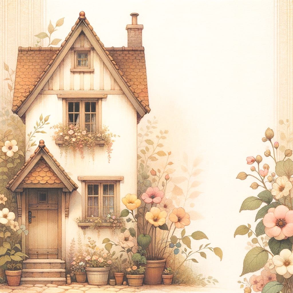 Cozy House Illustration with Potted Plants in Watercolor