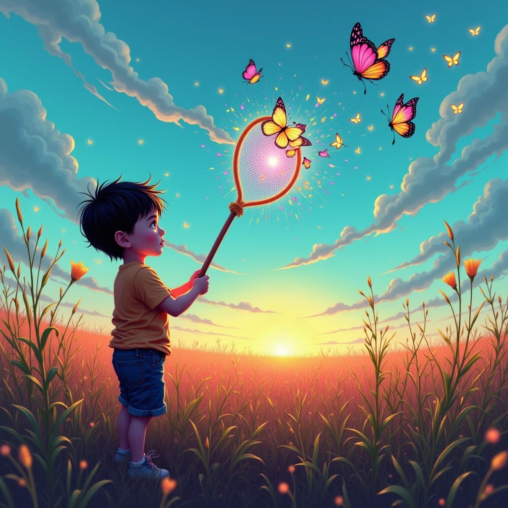 Asian Boy Chasing Butterflies in Neon Field