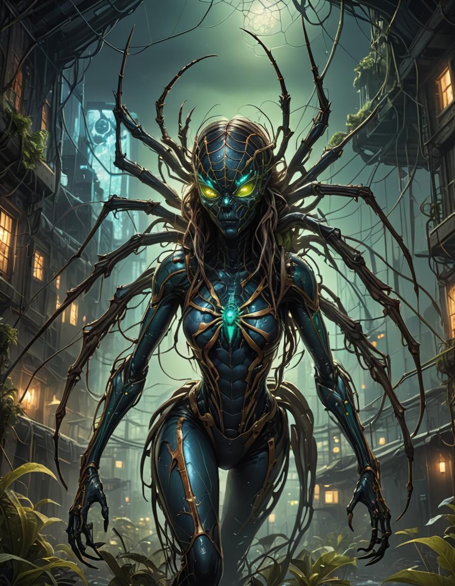 Mutant Spider Queen in Dystopian Cityscape