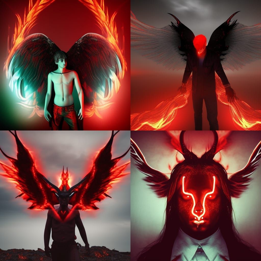 fallen angel red-hued man with horns, Prince of Darkness , high resolution detailed digital art, Mysterious magical sea ...