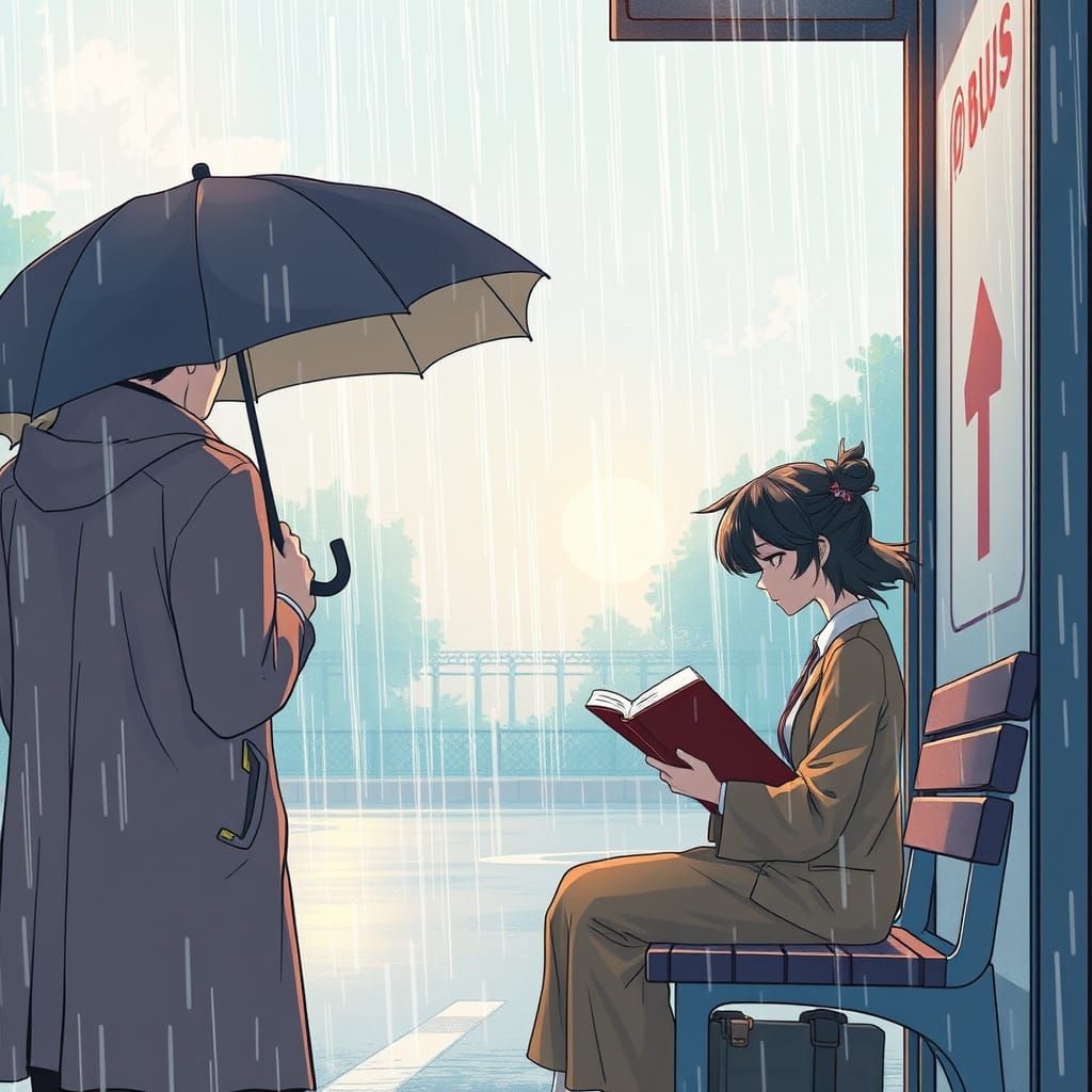 Melancholic Anime Rain Scene with Woman at Bus Stop