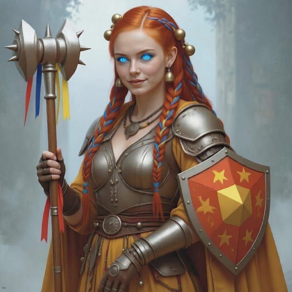 D&D Cleric of Lliira with Morningstar and Kite Shield