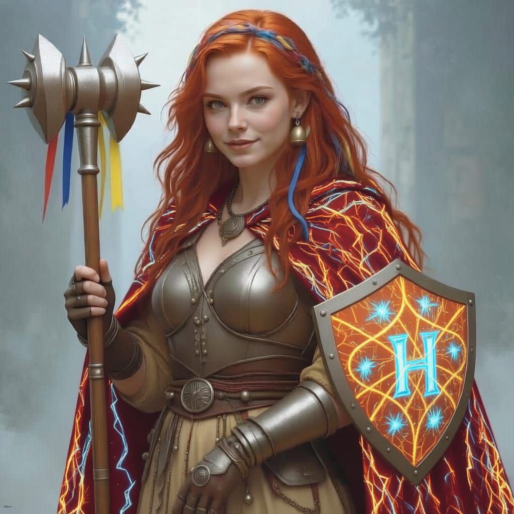 D&D Cleric of Lliira with Morningstar and Kite Shield