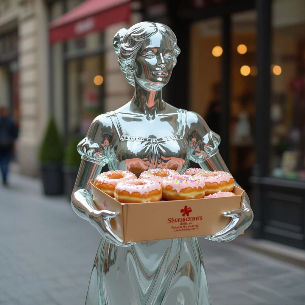 Glass Statue of French Woman with Donut Box