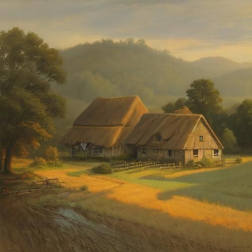 English Farmhouse in Golden Light: Oil Painting
