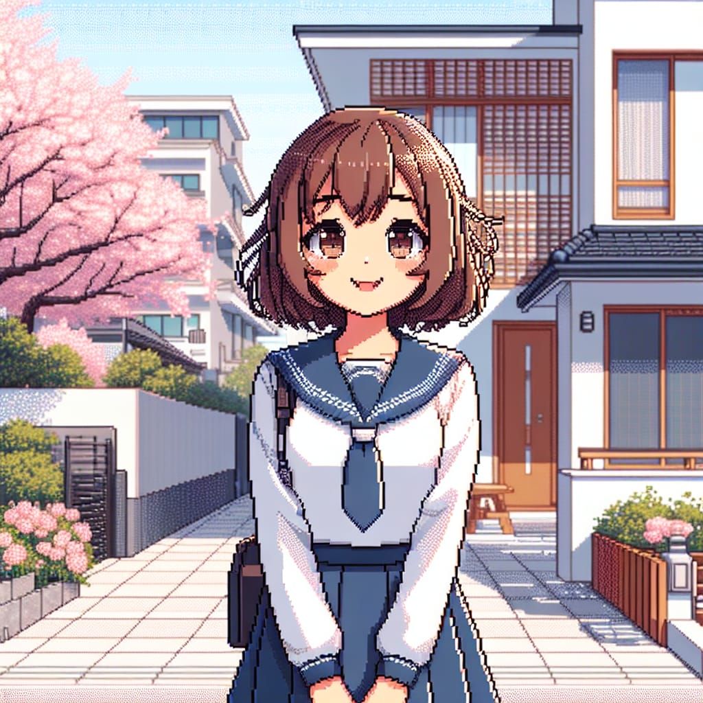 Pixel Art Anime Girl on Picturesque Street