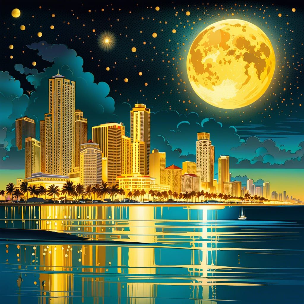 Golden Miami Beach at Night: Maximalist Illustration