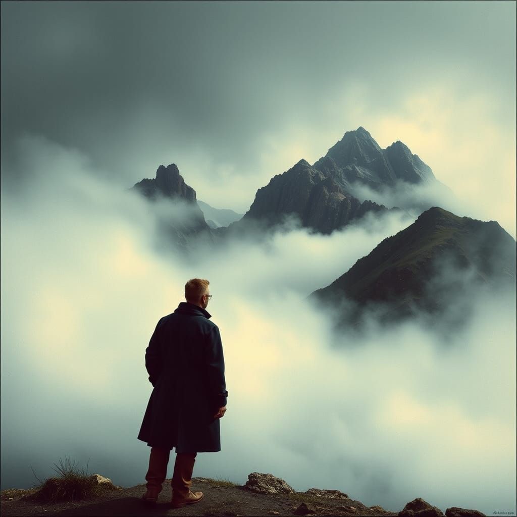 Misty Mountain Contemplation in Romantic Style