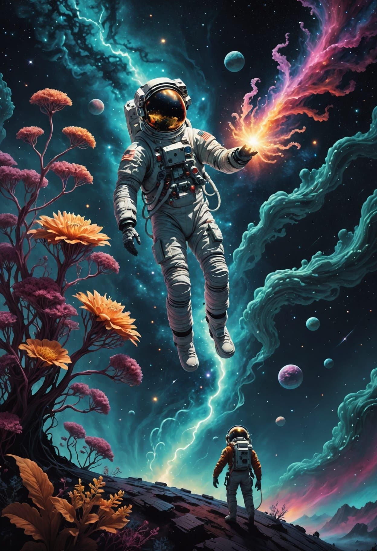 Astronaut Reaches for Bioluminescent Alien Plant in Cosmic N...