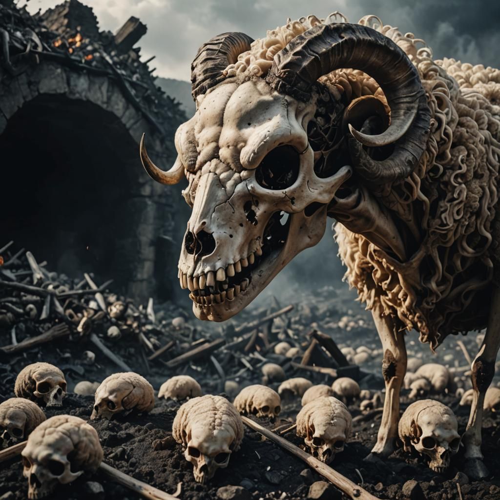 Cinematic Sheep Skull in Hellish Landscape