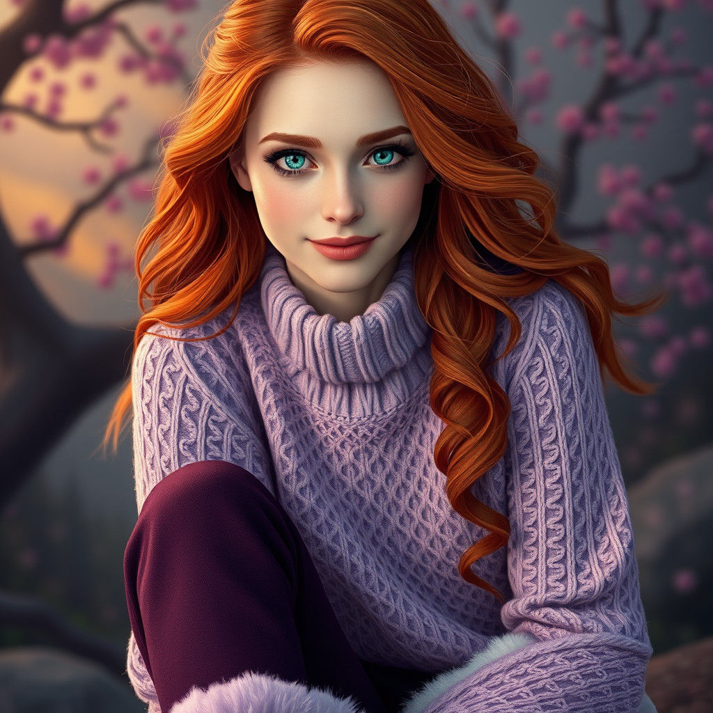 Enchanting Redhead in Lavender Cashmere, Detailed Matte Pain...