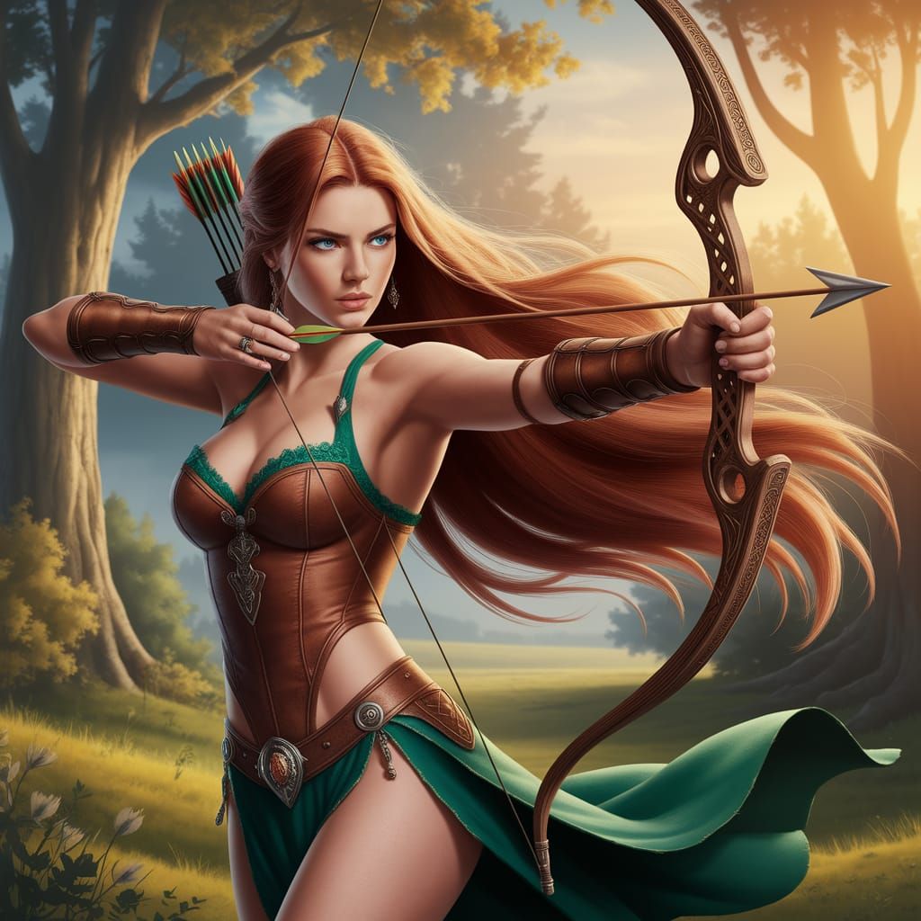 Fantasy Woman Archer in Lush Forest at Sunset
