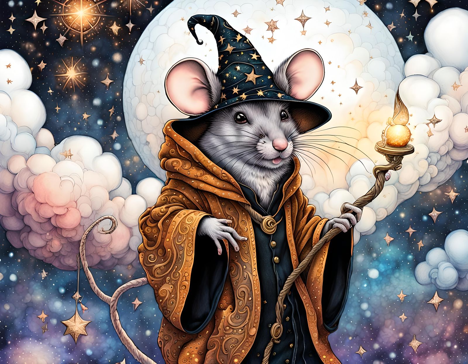 Intricate beautiful anthropomorphic mouse wizard, detailed fantasy background