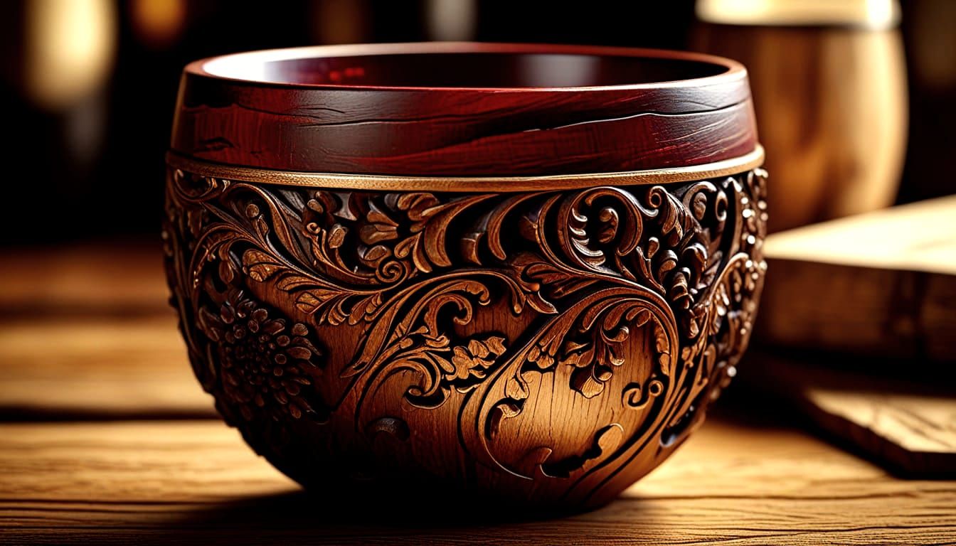 Rustic Carved Wooden Wine Cup with Red Wine