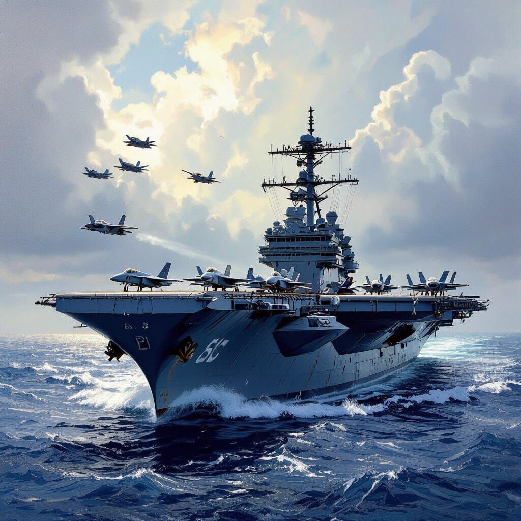 USS Wasp Aircraft Carrier at Sea in Dramatic Light