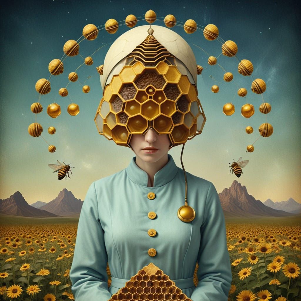 Surreal Honey Beeworker in a Dreamlike Hive