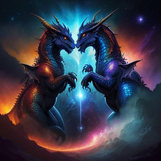 Two Glittering Dragons Playfighting in Cosmic Landscape