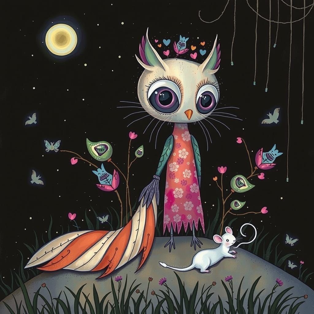 Pastel Owl and Mouse in Whimsical Forest