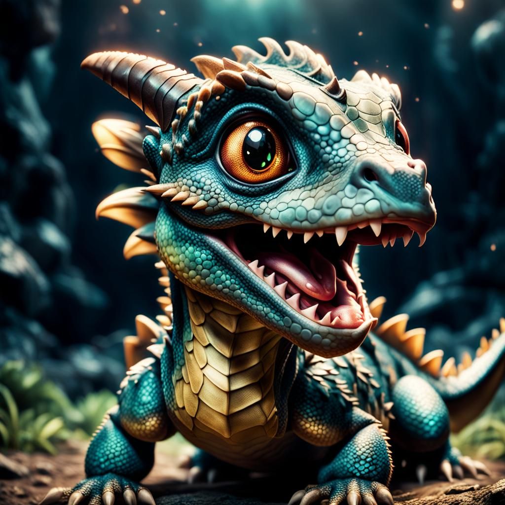 Cute Baby Dragon with Big Eyes in 3D Digital Art