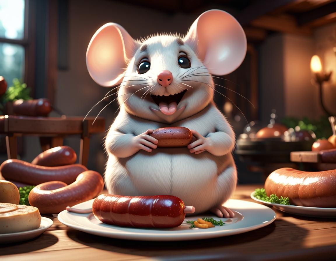 Happy Mouse with Sausage in 3D Game Style
