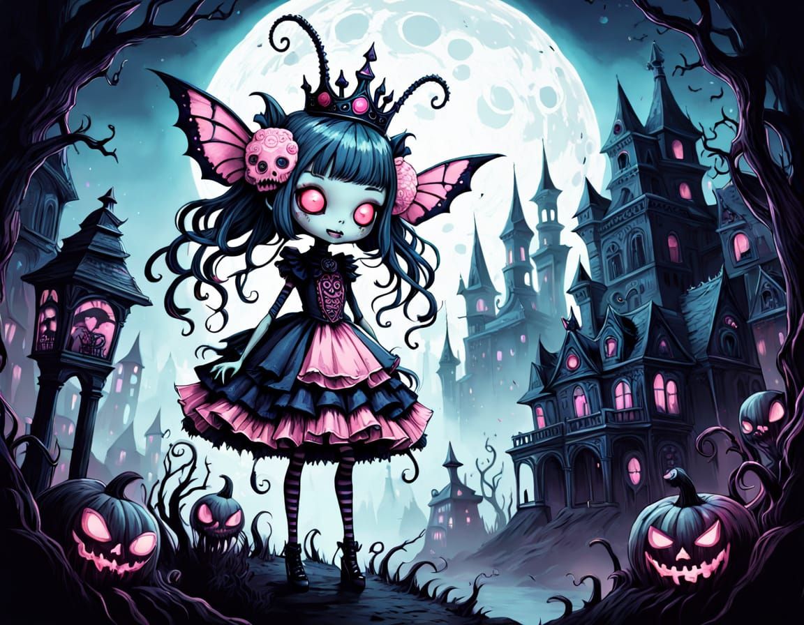 Surreal Dark Fantasy Anime Insect Girl in Twisted Cityscape