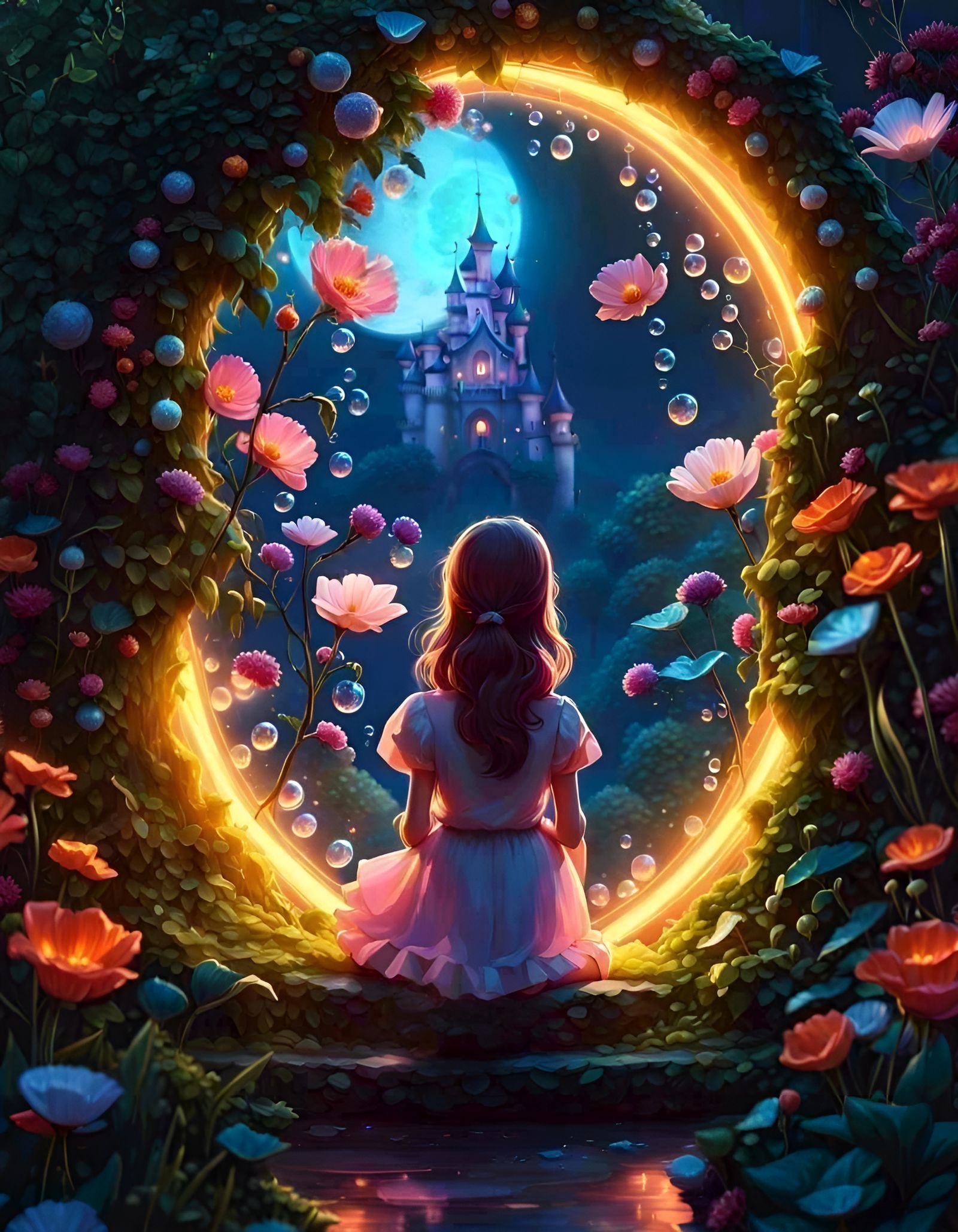 Sitting in a garden of magical plants with a flower portal to an enchanted World