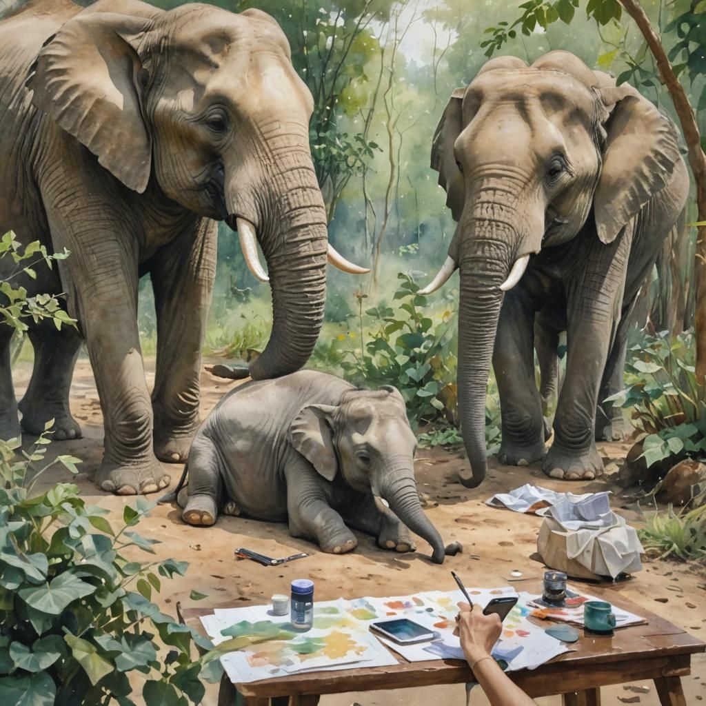 Elephant Matriarch in Verdant Expanse: Watercolor Painting