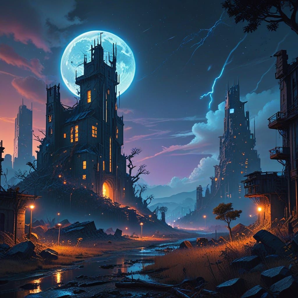 Dystopian Metropolis Reborn by Nature under a Vibrant Electr...